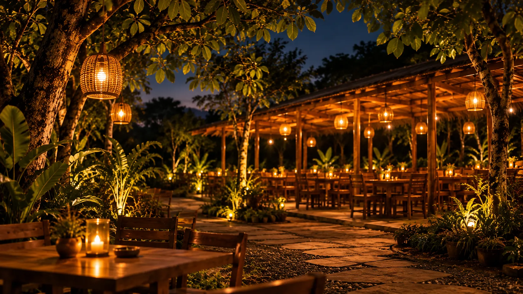 Guests and warm lighting in the outdoor bar