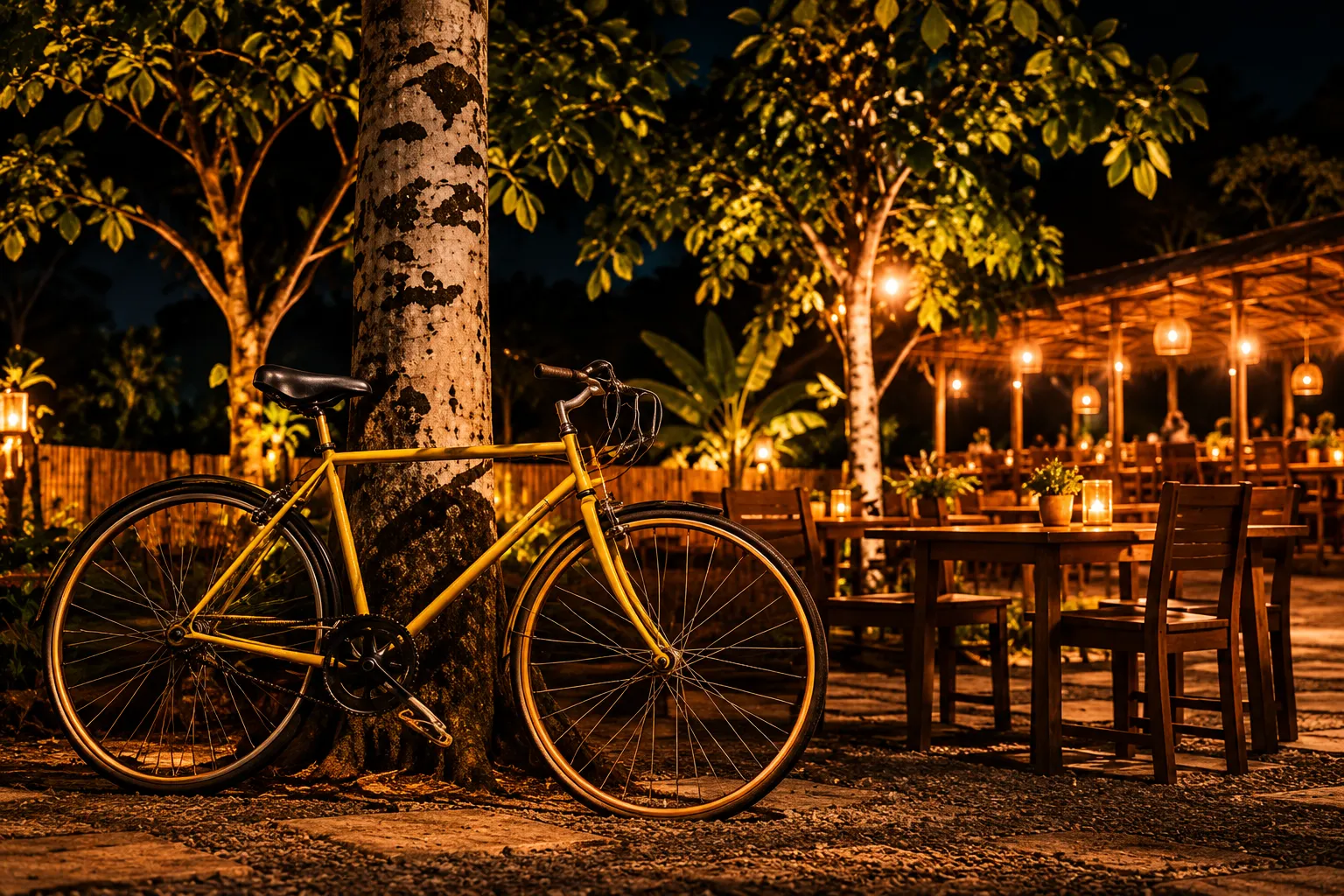 A bicycle beside the trees and open-air seating at night