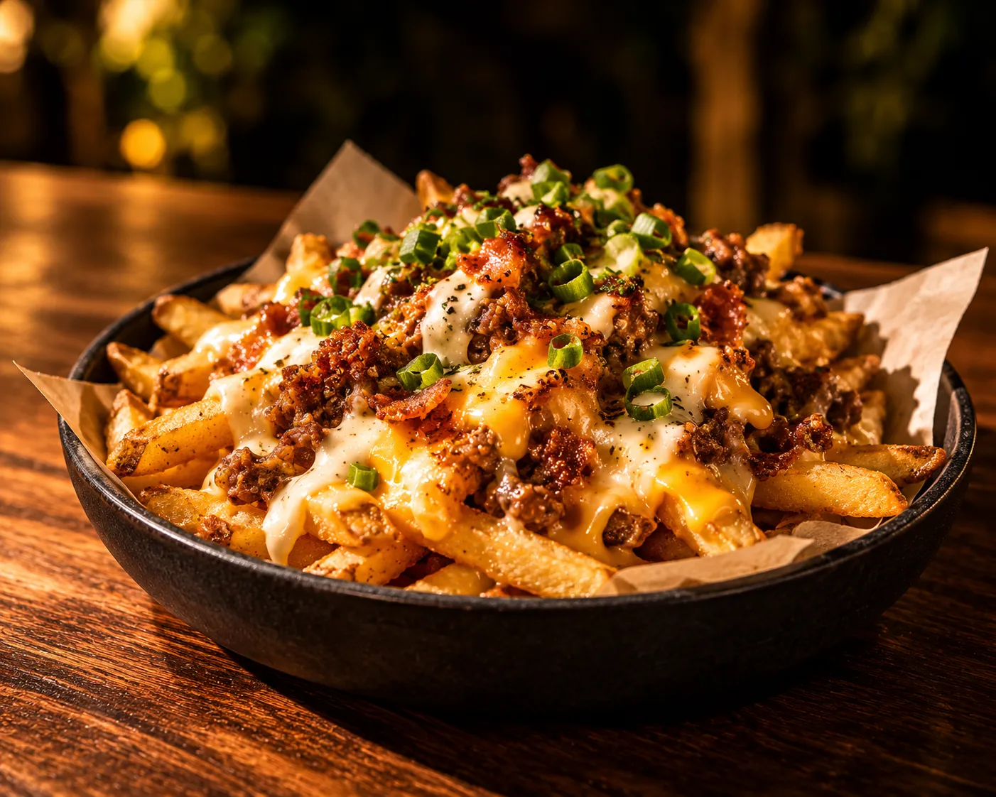A bowl of loaded fries on a wooden table