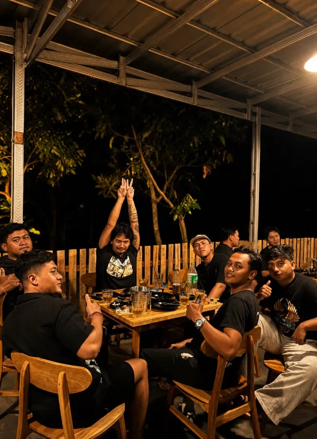 Guests around a wooden table beside a slat fence