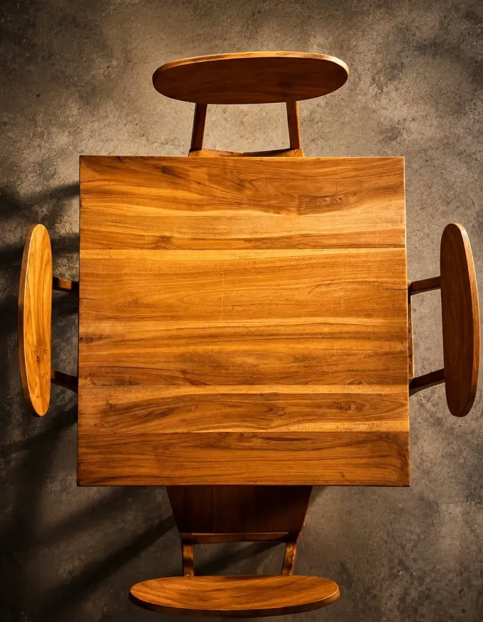 Overhead view of a wooden table and four chairs