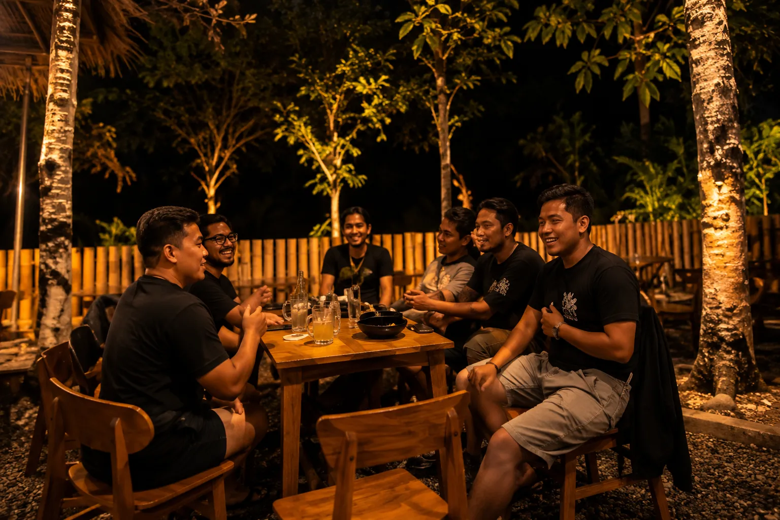 Friends gathered around a wooden table at Tegalan Spirit at night