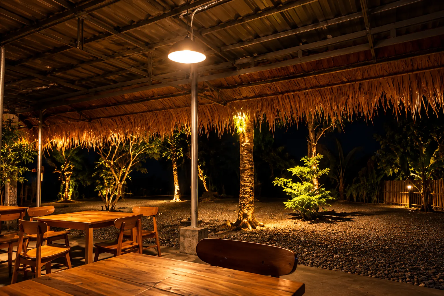 The open-air bar at night, with trees and hanging lights