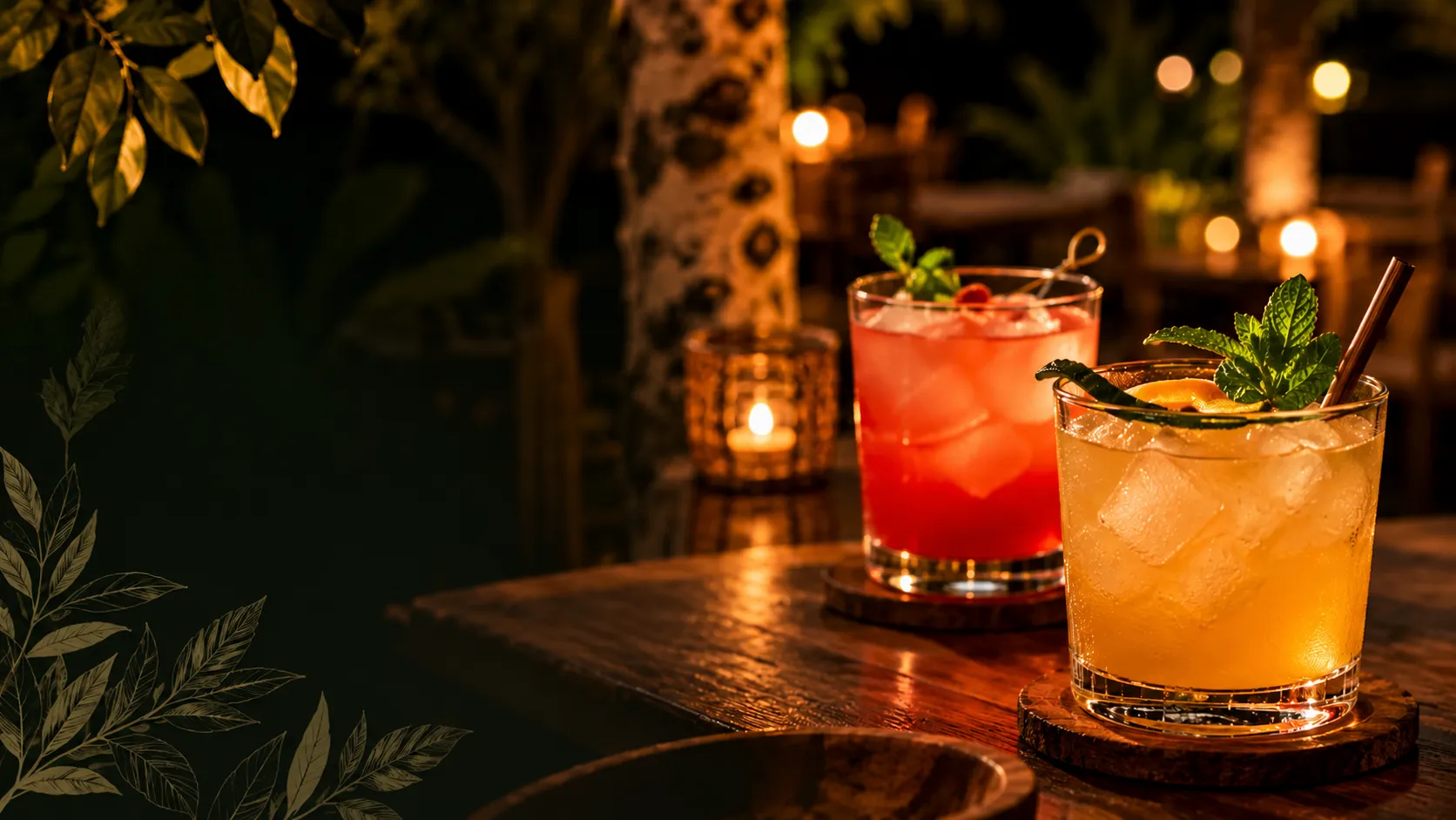 Cocktails and warm light on a wooden table
