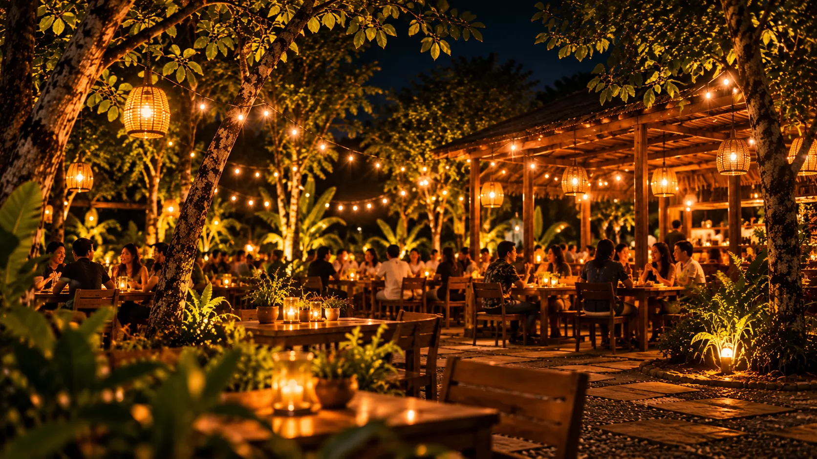 The open-air bar glowing among the trees at night