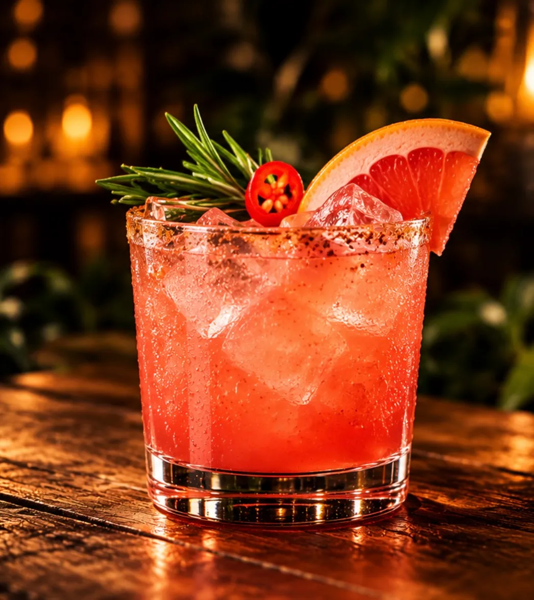Koktail Spicy Paloma di gelas di atas meja kayu