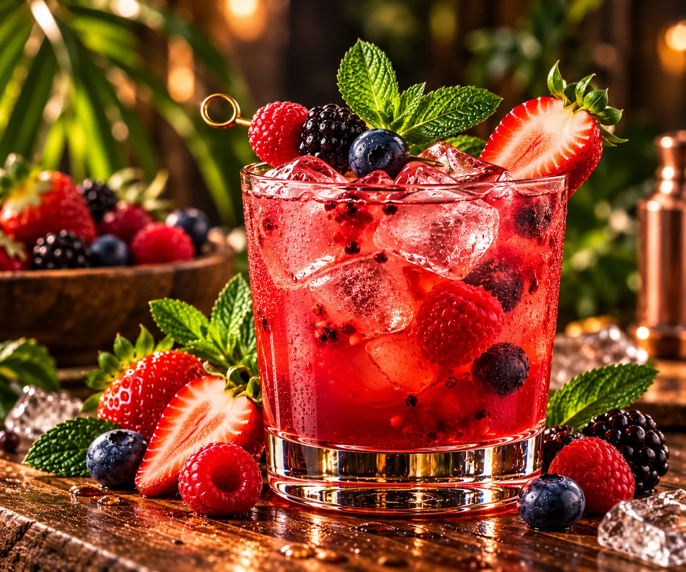 A red berry cocktail with strawberries, lime, and mint
