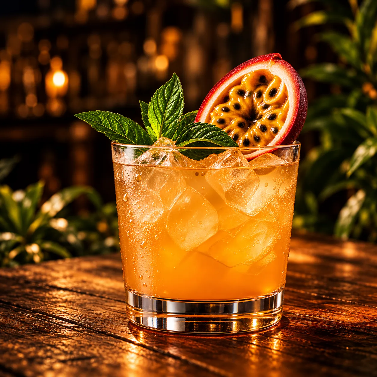 Tropical Sunset cocktail in a glass on a wooden table